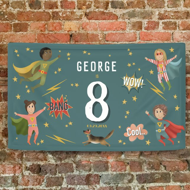 Boys Cool Blue Action Superhero Kids Birthday Banner (Creator Uploaded)