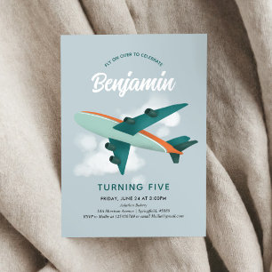 Boys Cool Blue Aeroplane Travel 5th Birthday Invitation
