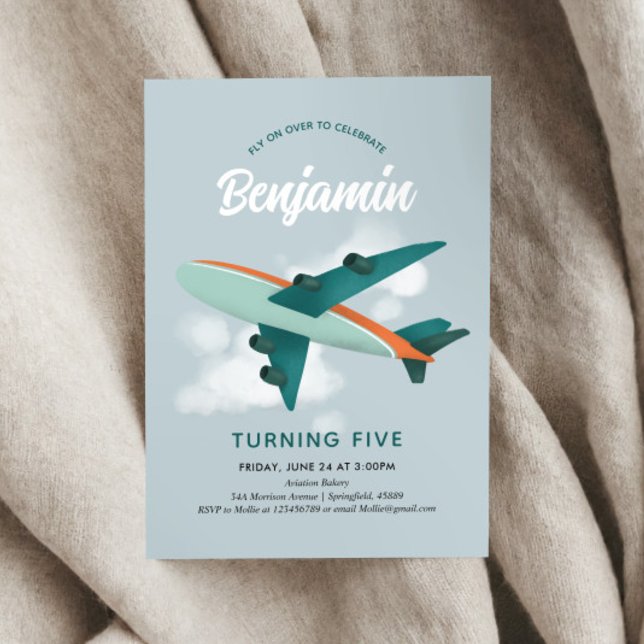 Boys Cool Blue Aeroplane Travel 5th Birthday Invitation (Creator Uploaded)