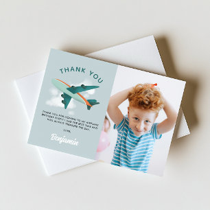 Boys Cool Blue Aeroplane Travel Birthday Photo Thank You Card