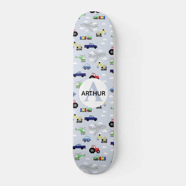 Boys Cool Blue Modern Transport Car Pattern Kids Skateboard (Front)