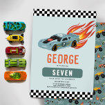 Boys Cool Blue Racing Car Kids Birthday Invitation<br><div class="desc">This modern and cool boys 7th birthday invitation design features a car with hot flames, with a matching blue racing car, wheel, and motorbike pattern on the back. The card can be personalised with a name and other details necessary for your party. Set as a seventh birthday invite, but easy...</div>