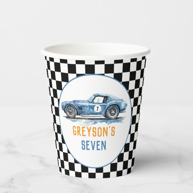 Boys Cool Blue Racing Car Kids Birthday Paper Cups (Front)