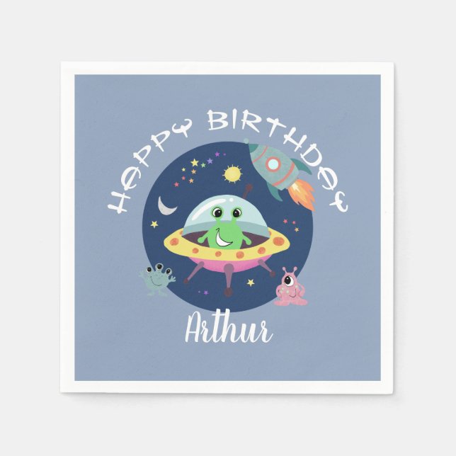 Boys Cool Blue Space Alien Galaxy Birthday Napkin (Front)