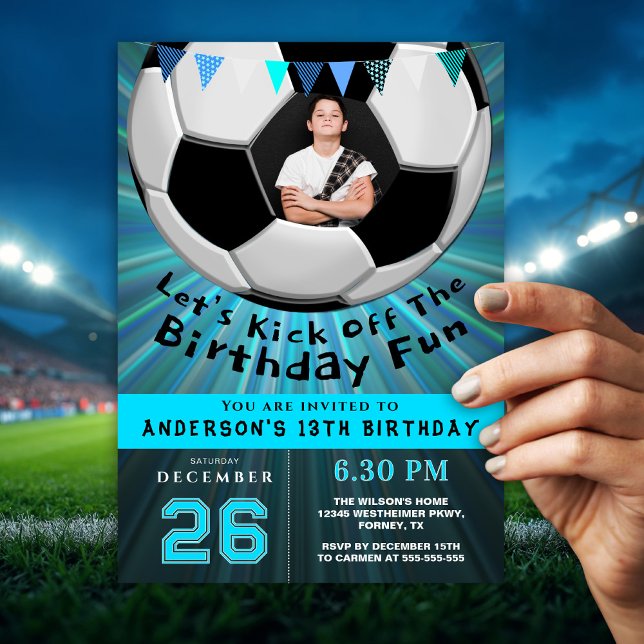 Boys Cool Blue Sporty Custom Photo Birthday Invitation (Creator Uploaded)