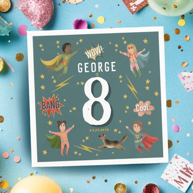 Boys Cool Comic Book Blue Superhero Kids Birthday Napkin (Creator Uploaded)