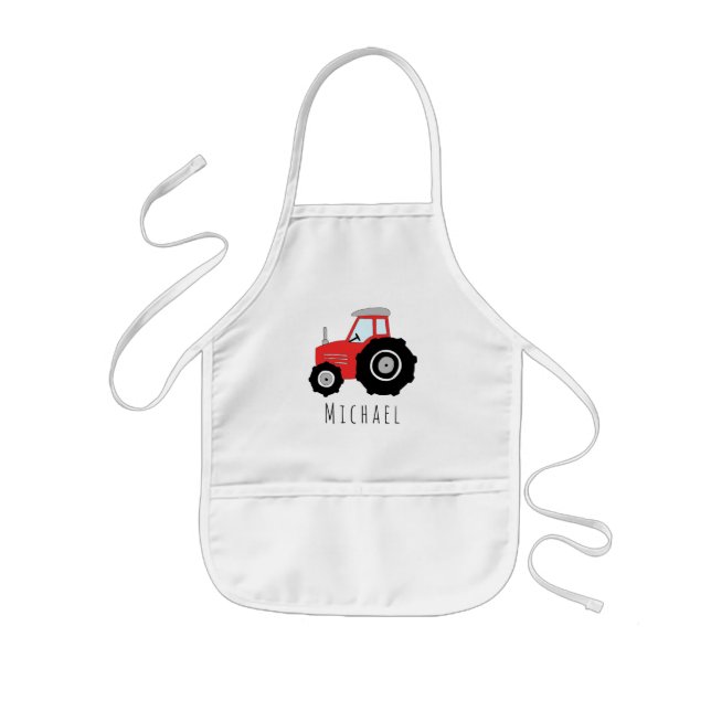 Boy's Cool Doodle Red Farm Tractor with Name Kids Apron (Front)
