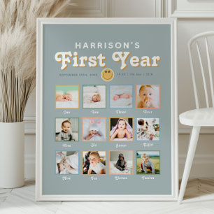 Boys Cool Dude First Year Birthday Photo Collage Poster