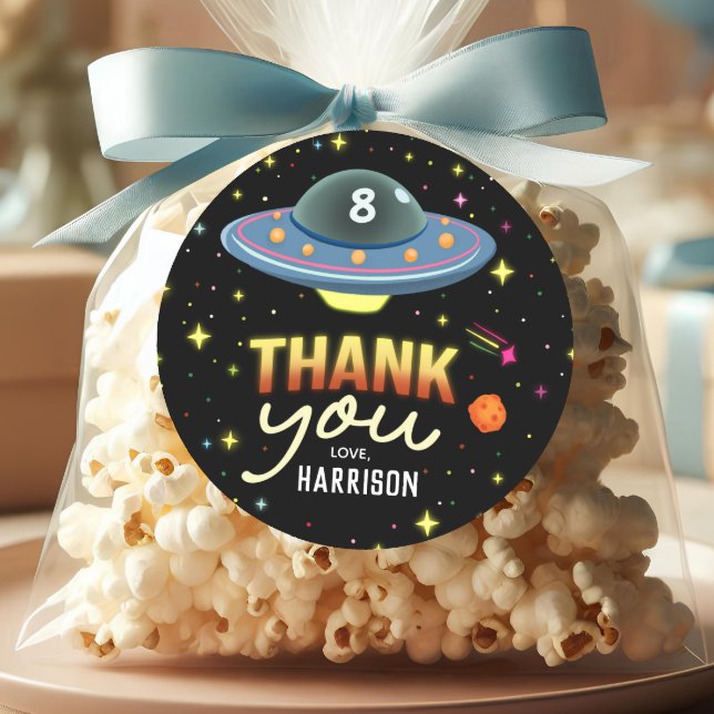 Boys Cool Neon Space Birthday Favour Classic Round Sticker (Creator Uploaded)