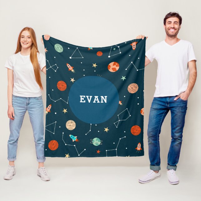 Boys Cool Outer Space Planets Rockets Personalised Fleece Blanket (In Situ)