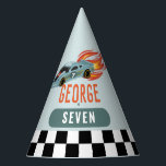 Boys Cool Racing Car Kids Birthday Party Hat<br><div class="desc">This modern and cool boys 7th birthday party hat design features a car with wheels and hot flames. The hats can be personalised with a name and age. Set as a seventh birthday design,  but easy to edit. The perfect addition to your hot car party!</div>
