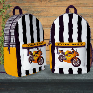 Boys Cool Racing Motorbike Black & White Stripe  Printed Backpack