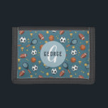 Boys Cool Sports Monogram Kids Trifold Wallet<br><div class="desc">This cool and modern kid's monogram wallet design features a sports illustration pattern,  with a football,  soccer ball,  basketball,  tennis racket,  and trophies,  and can be personalised with your boy's name and initial in sporty typography. The perfect monogrammed gift for any sports lover!</div>
