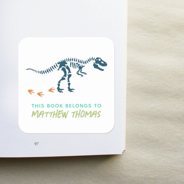 Boys Cool T-Rex Dinosaur Kids Bookplate Square Sticker (Creator Uploaded)