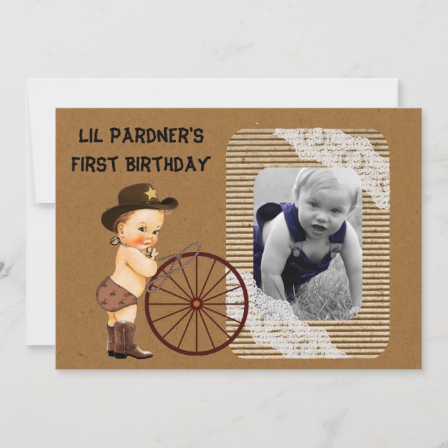 Boy's Cowboy first birthday party invitation (Front)