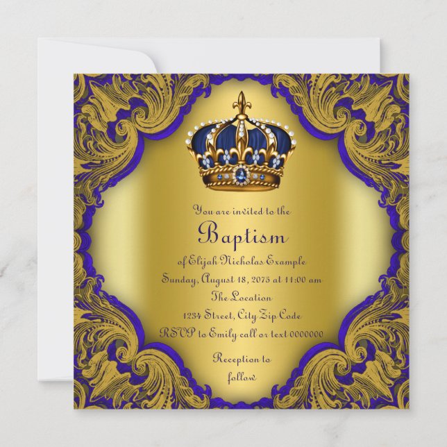 Boys Crown Prince Baptism Royal Blue and Gold Invitation (Back)