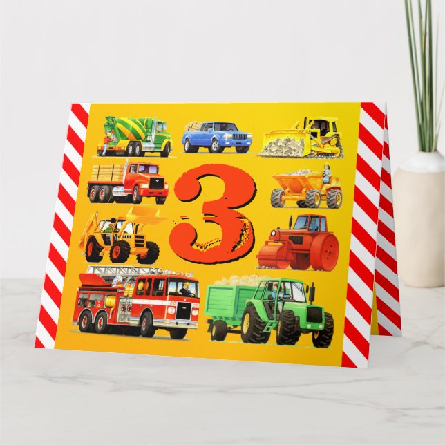 Boy's Custom Happy 3rd Birthday Construction Truck Card (Front)