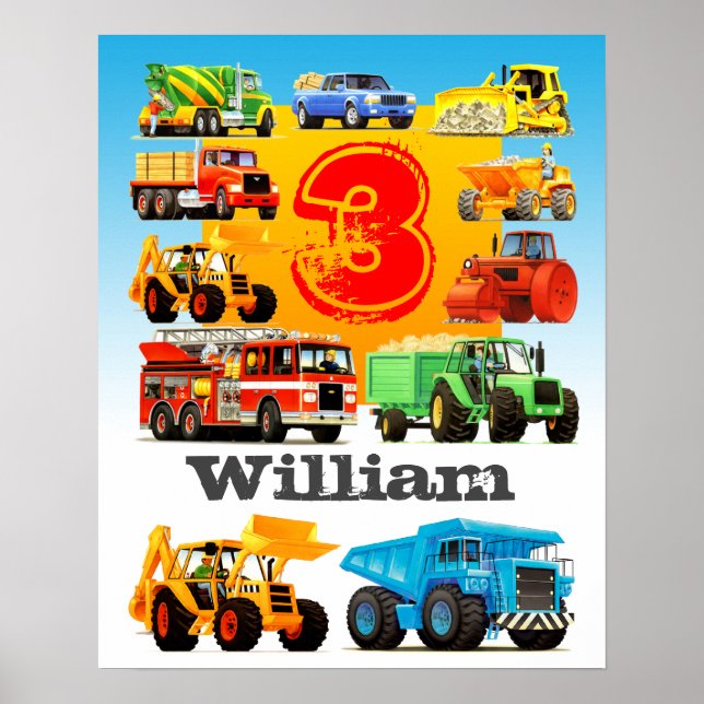Boy's Custom Name and Age 3rd Birthday Big Truck Poster (Front)