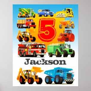 Boy's Custom Name and Age 5th Construction Truck Poster