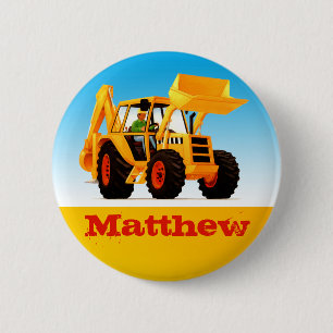 Boys Custom Name Construction Yellow Digger 6 Cm Round Badge