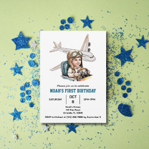 Boys Cute Aeroplane Travel Kids Birthday Watercolo Invitation