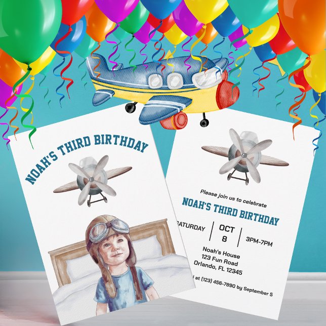 Boys Cute Aeroplane Travel Kids Birthday Watercolo Invitation (Creator Uploaded)