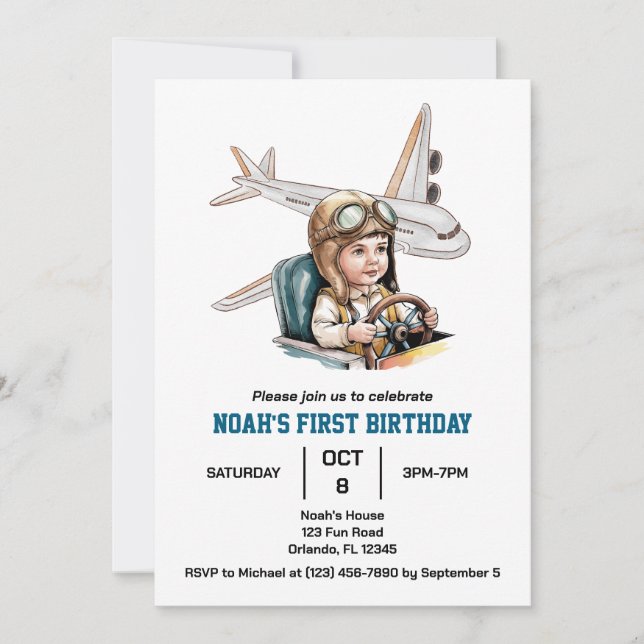 Boys Cute Aeroplane Travel Kids Birthday Watercolo Invitation (Front)