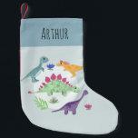 Boys Cute and Fun Blue T-Rex Dinosaur Kids Small Christmas Stocking<br><div class="desc">This cute and fun kids holiday Christmas stocking features dinosaur cartoons,  with a t-rex,  stegosaurus and jurassic jungle plants,  and can be personalised with your boys name. The perfect modern dinosaur themed Christmas keepsake for your baby,  toddler or child this holiday season!</div>