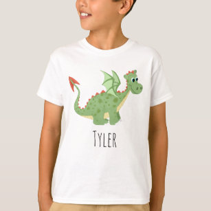 Boys Cute and Magical Green Dragon Cartoon & Name T-Shirt