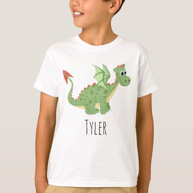 Boys Cute and Magical Green Dragon Cartoon & Name T-Shirt (Front)