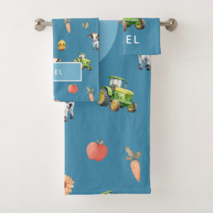 Boys Cute and Modern Farm Animal Pattern Name Kids Bath Towel Set