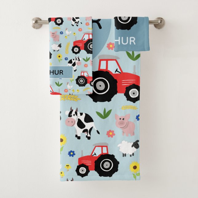 Boys Cute and Modern Farm Animal Pattern Name Kids Bath Towel Set (Insitu)