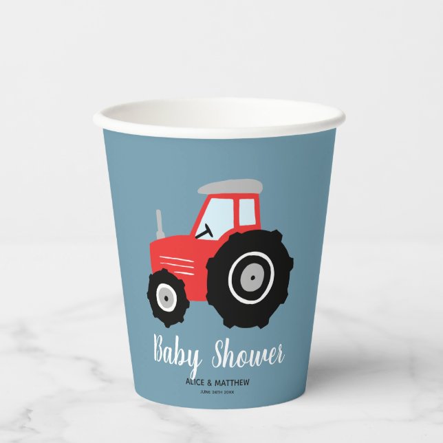 Boys Cute and Rustic Red Tractor Baby Shower Paper Cups (Front)