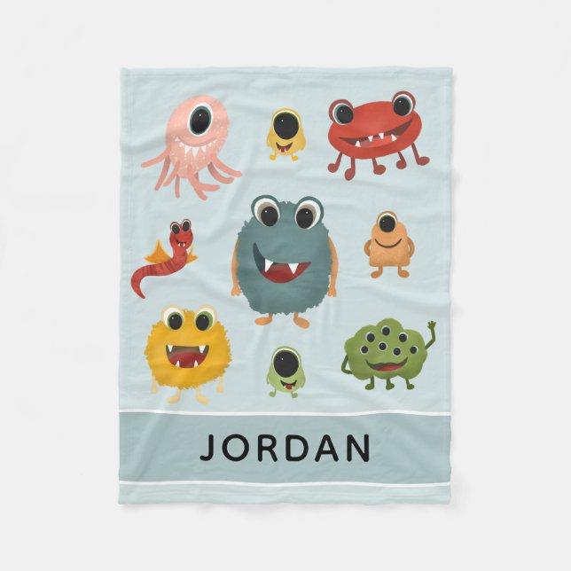 Boys Cute and Trendy Blue Monster Alien Kids Fleece Blanket (Front)