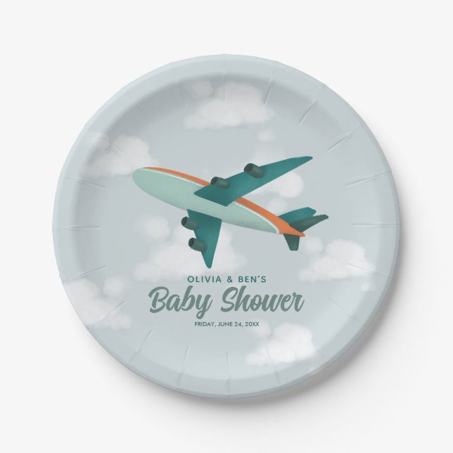 Boys Cute Blue Aeroplane Travel Baby Shower Paper Plate (Front)