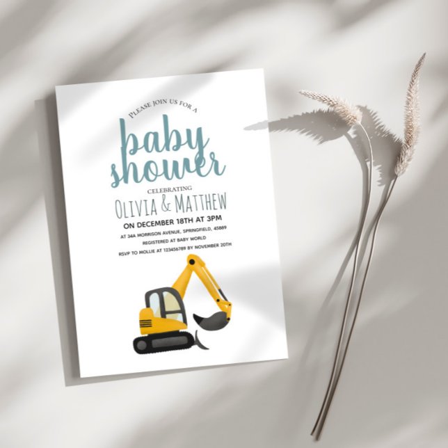 Boys Cute Blue Construction Digger Baby Shower Invitation (Creator Uploaded)
