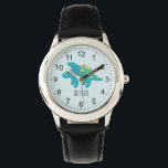 Boys Cute Blue Dinosaur Cartoon & Name Kids Watch<br><div class="desc">This cute and modern blue kids watch features a blue and yellow stegosaurus dinosaur cartoon, and can be personalised with your boys name. With clear, easily readable numbers, this 'first' watch is great for kids or toddlers just starting out on learning the time. The perfect dinosaur-themed design for your little...</div>