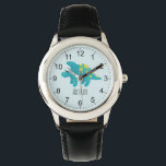 Boys Cute Blue Dinosaur Cartoon & Name Kids Watch<br><div class="desc">This cute and modern blue kids watch features a blue and yellow stegosaurus dinosaur cartoon, and can be personalised with your boys name. With clear, easily readable numbers, this 'first' watch is great for kids or toddlers just starting out on learning the time. The perfect dinosaur-themed design for your little...</div>