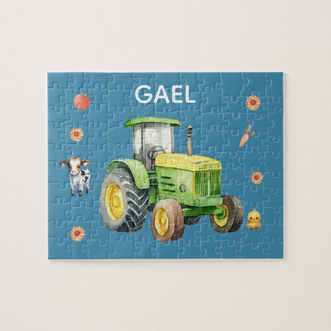 Boys Cute Blue Farm Tractor and Name Kids  Jigsaw Puzzle (Horizontal)