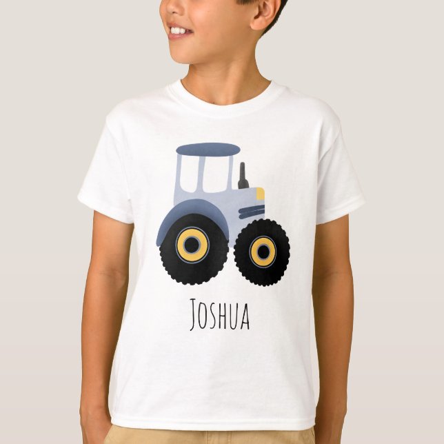 Boys Cute Blue Farm Tractor Cartoon Kids T-Shirt (Front)