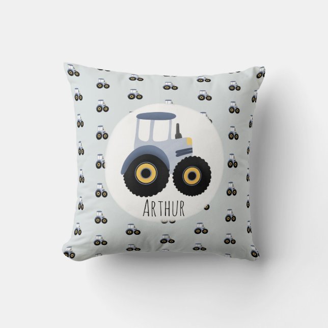 Boy's Cute Blue Farm Tractor Pattern & Name Kids Cushion (Front)
