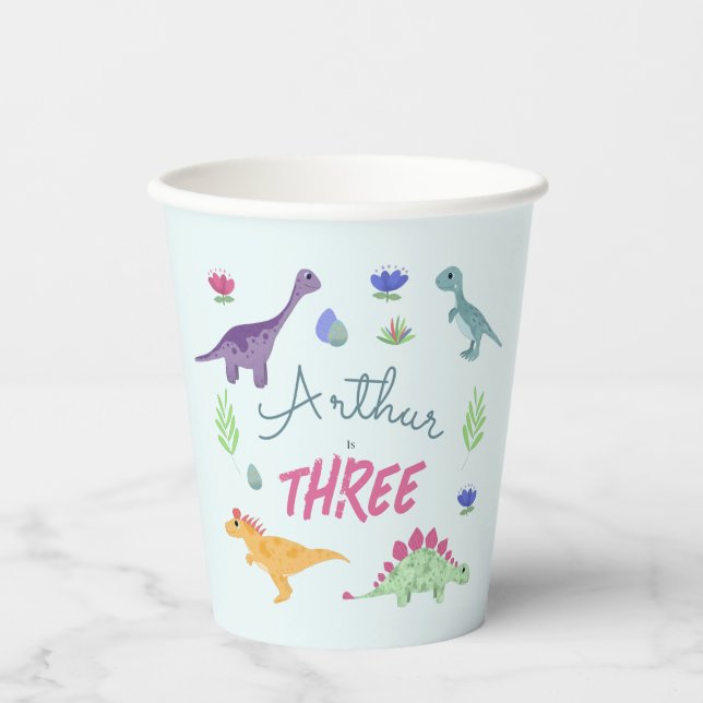Boys Cute Blue Jungle T-Rex Dinosaur Kids Birthday Paper Cups (Front)