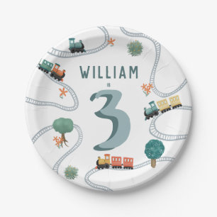 Boys Cute Blue Modern Train Travel Kids Birthday Paper Plate