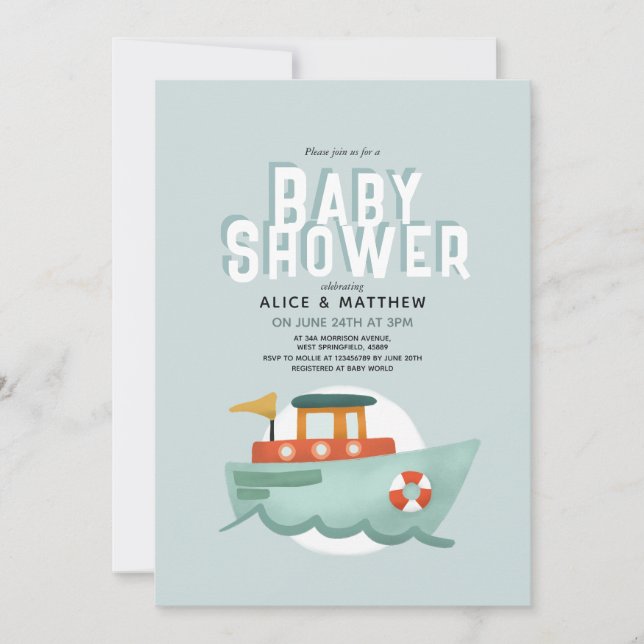 Boys Cute Blue Ocean Boat Baby Shower Invitation (Front)