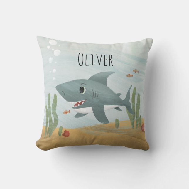 Boys Cute Blue Ocean Shark Kids Cushion (Front)