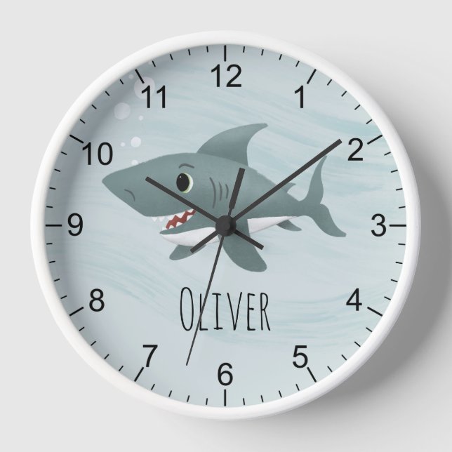 Boys Cute Blue Ocean Shark Kids Nursery Clock (Front)