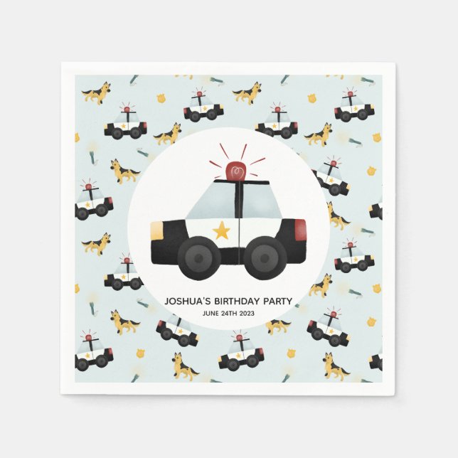 Boys Cute Blue Police Car Toddler Happy Birthday Napkin (Front)
