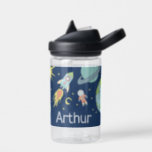 Boys Cute Blue Rocket Ship Space Kids School Water Bottle<br><div class="desc">This cute and modern kids school water bottle design features a space design,  with a rocket ship,  astronaut,  stars,  planets,  and moon,  and can be personalised with your boys name. The perfect blue space and earth-themed addition to your boys school supplies,  perfect for preschool or kindergarten!</div>