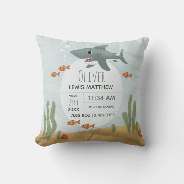 Boys Cute Blue Shark Keepsake Birth Stats Cushion (Front)
