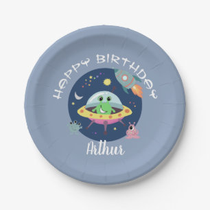 Boys Cute Blue Space Alien Galaxy Birthday Paper Plate